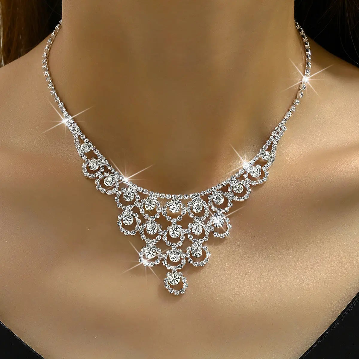 Rhinestone Necklace And Earrings Suite Women’s Simple