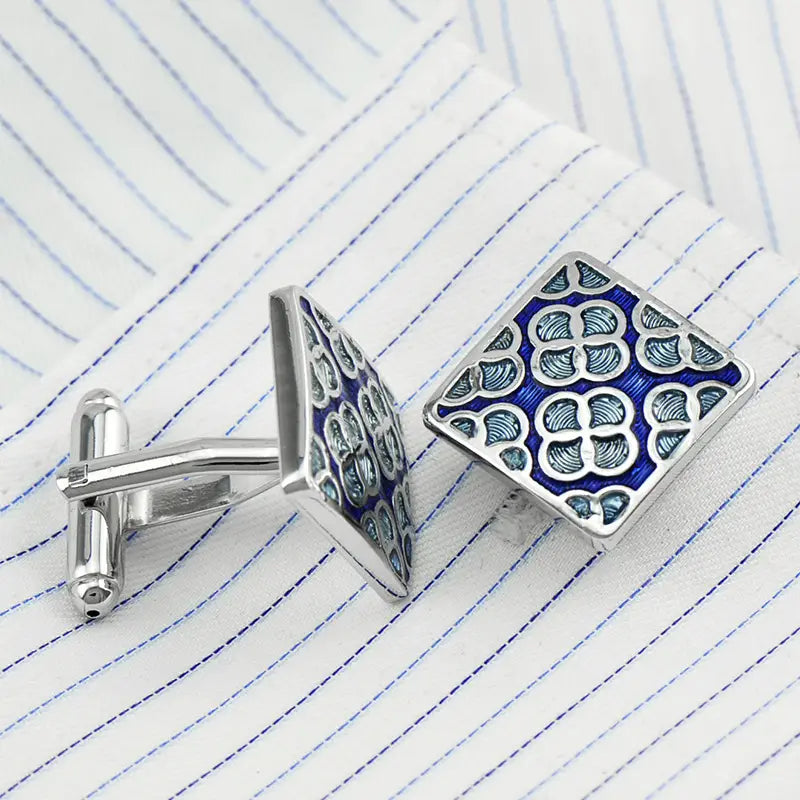 Sky Blue Enamel Four-leaf Clover Square Cufflinks