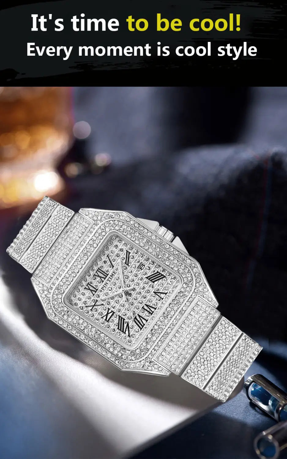 PINTIME Men’s Quartz Watch Square Diamond