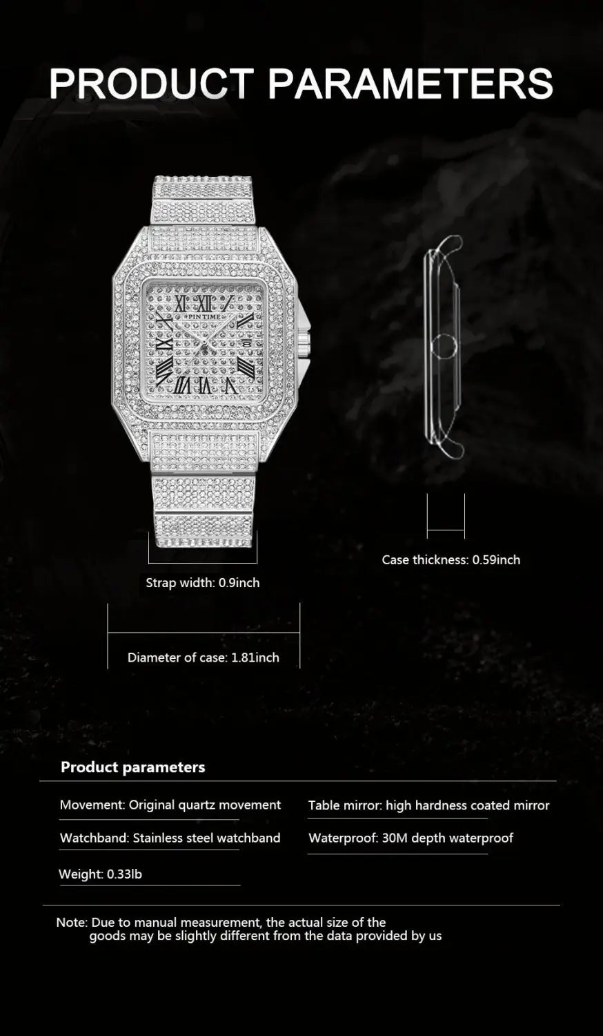 PINTIME Men’s Quartz Watch Square Diamond