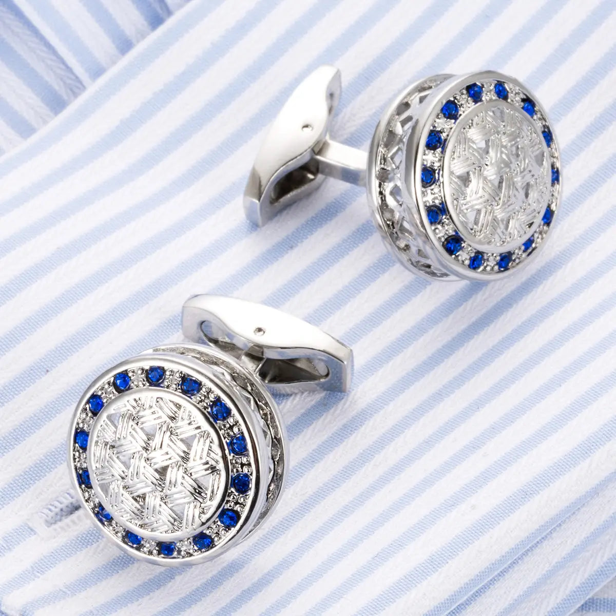 Round Sliver Blue Stone Dress Cufflinks