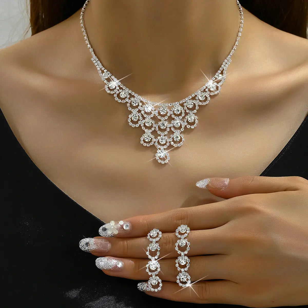 Rhinestone Necklace And Earrings Suite Women’s Simple