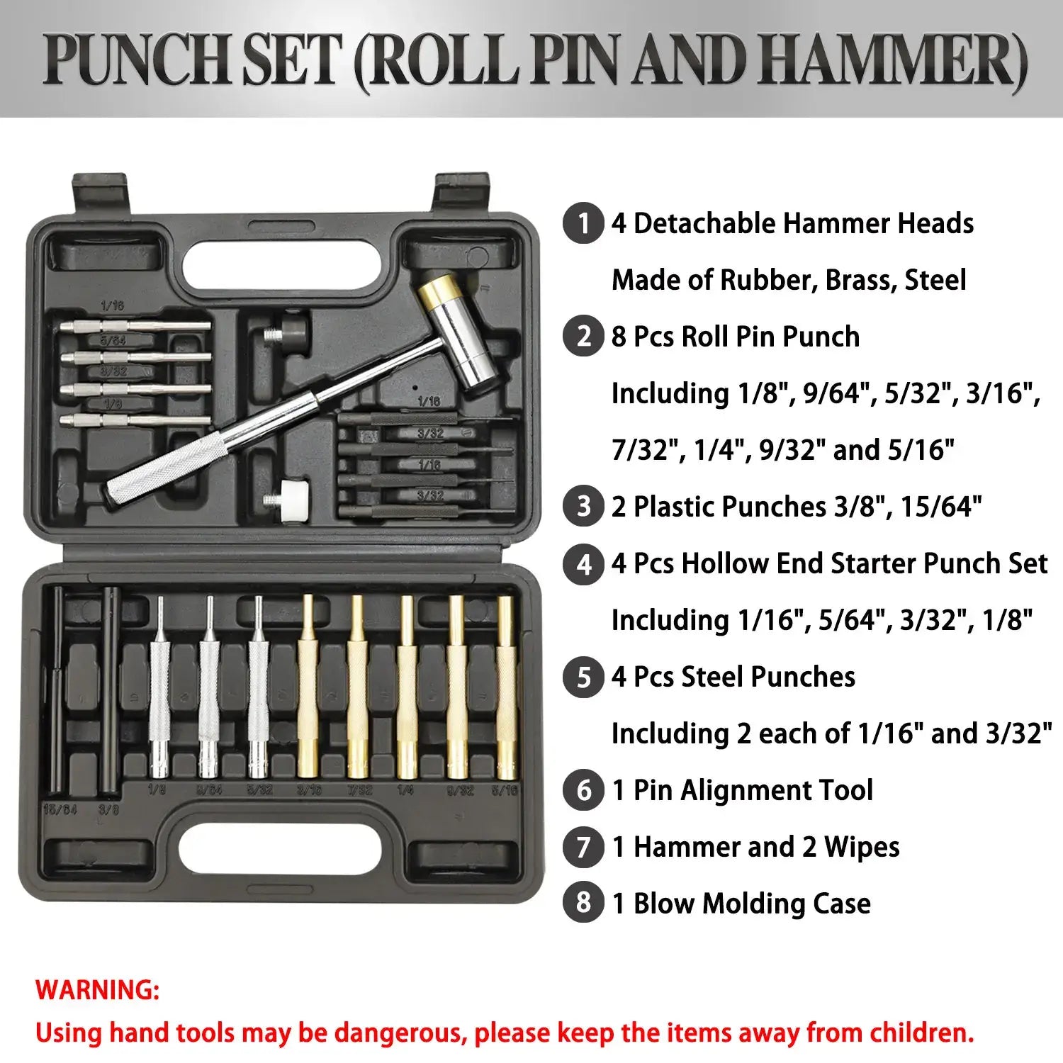 BESTNULE Roll Pin Punch Set Made of Solid Material Including Hammer with Bench Block for Gunsmiths Jewelry and Watch