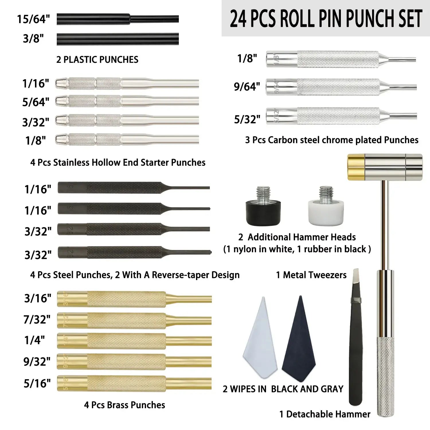 BESTNULE Roll Pin Punch Set Made of Solid Material Including Hammer with Bench Block for Gunsmiths Jewelry and Watch