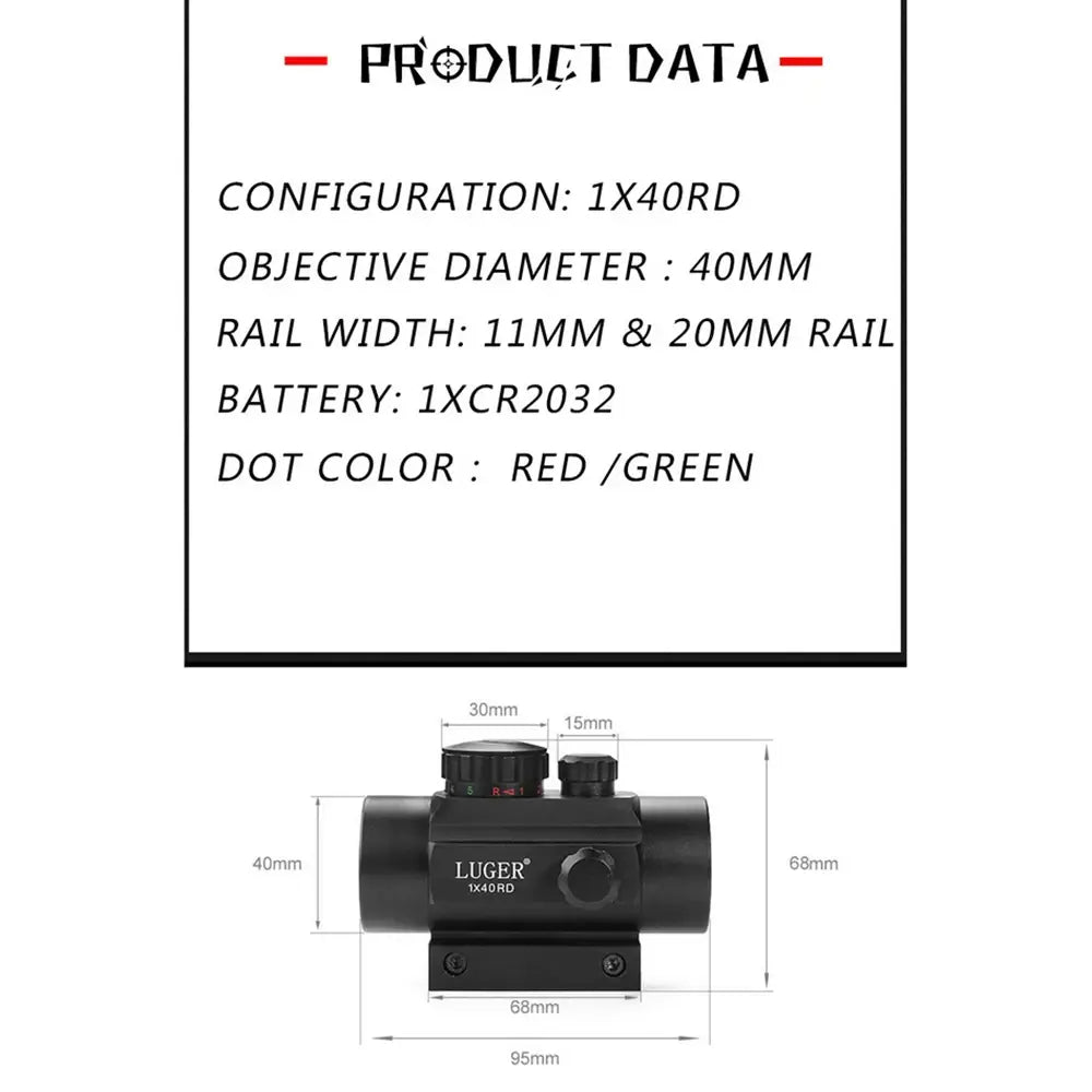 1x40RD Red Green Dot Scope Sight Hunting Optics Holographic Tactical Sight 11/20mm Mount Rifle Sights Airgun Scope