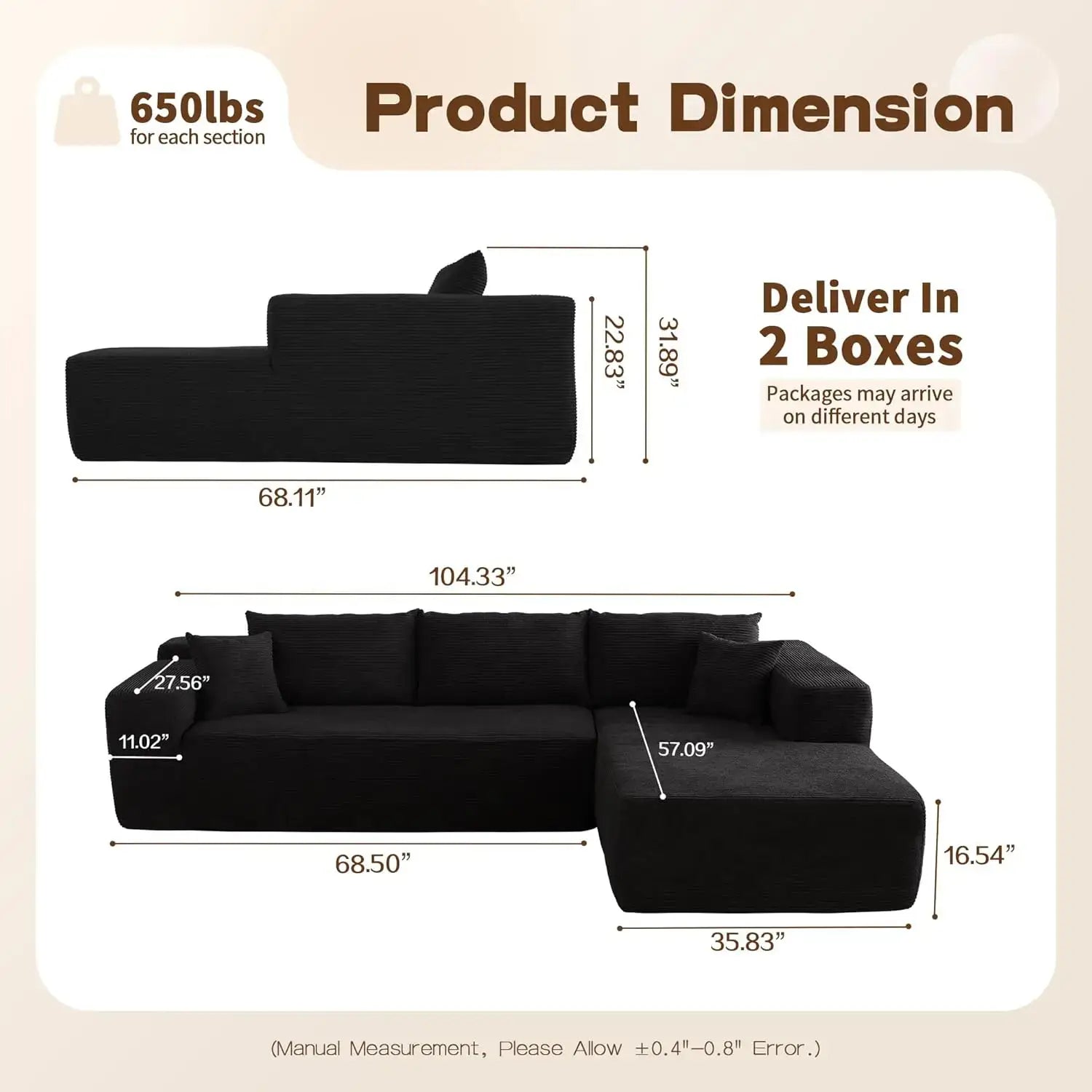 Modular Sectional Sofa 104’’ L-Shape