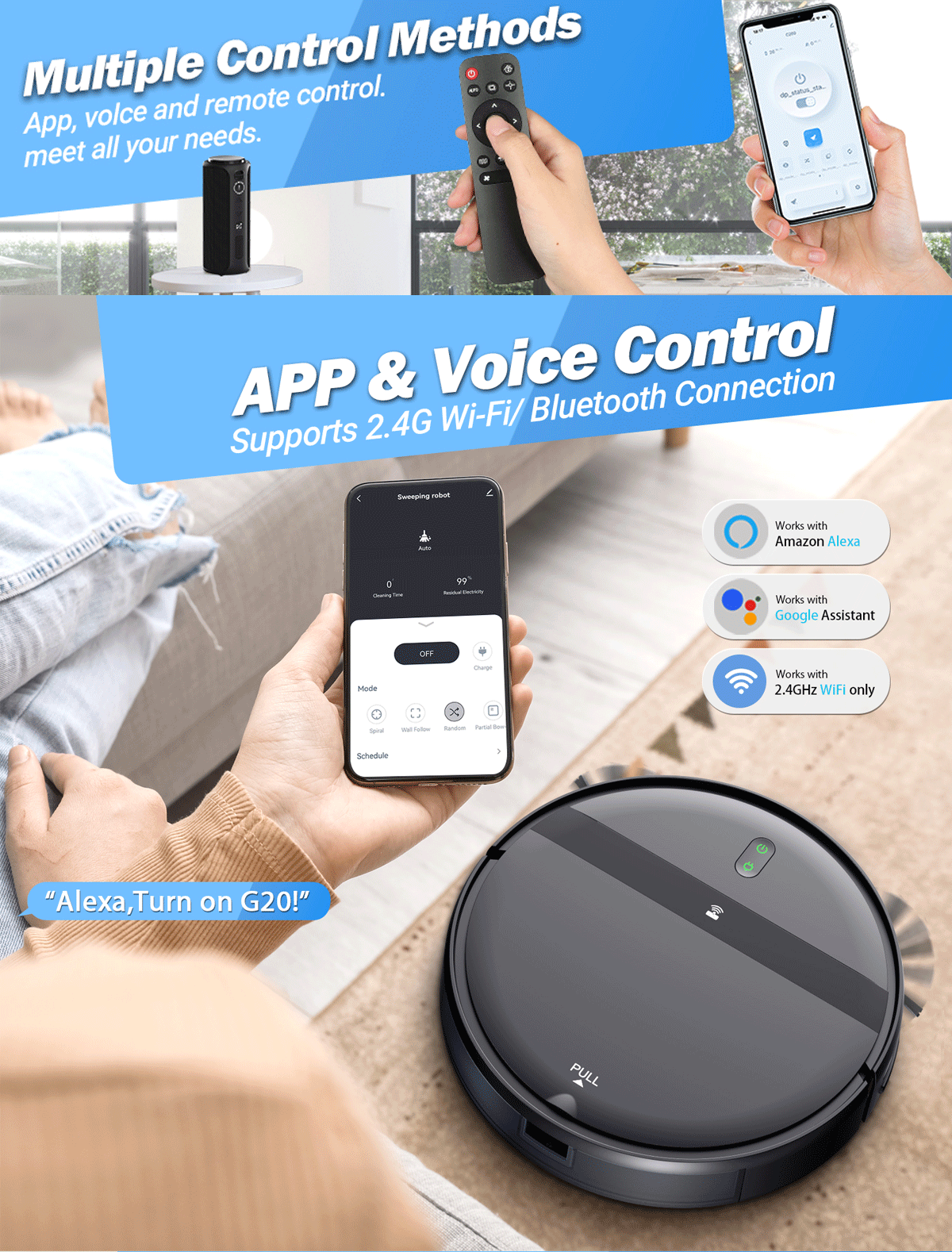 Smart GOOVI Robot Vacuum Cleaner 1400Pa Strong Suction 2500mAh Battery 3in1 Mopping Sweeping Suction Supports Wifi/alexa