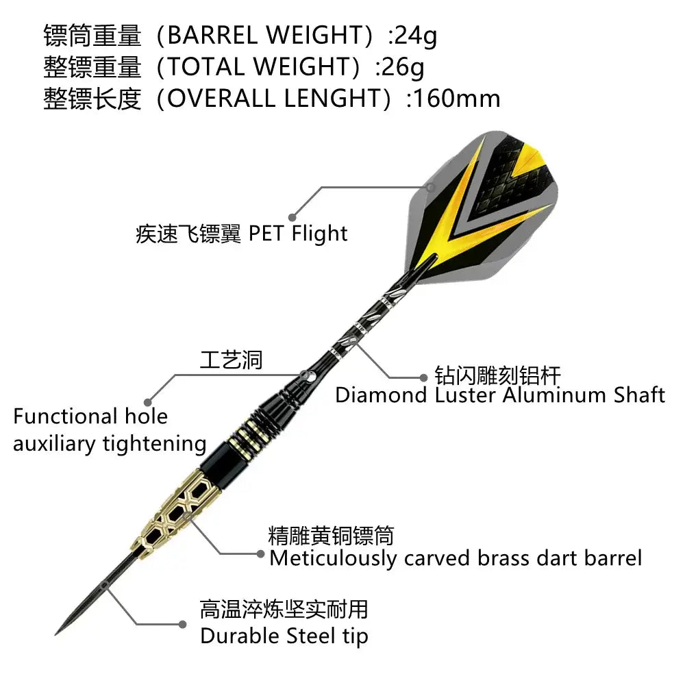 Professional Dart Set 24 Grams Metal Steel Tip Precision Engraved Brass Barrel Darts with Nylon Shaft Protector Dart Set