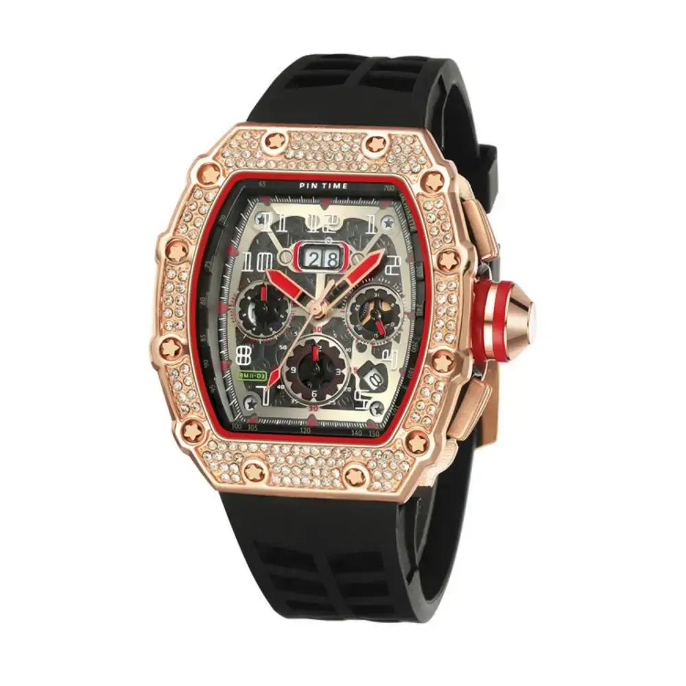 Pintime Black/Red Quartz Wine Barrel Watch