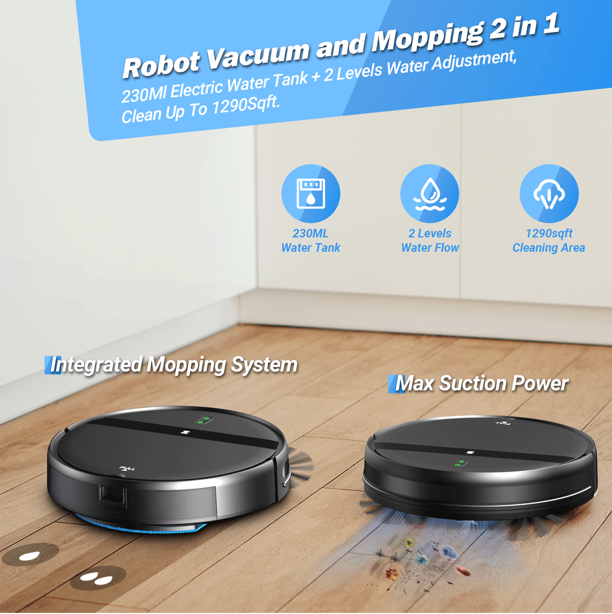 Smart GOOVI Robot Vacuum Cleaner 1400Pa Strong Suction 2500mAh Battery 3in1 Mopping Sweeping Suction Supports Wifi/alexa