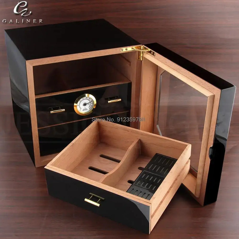 Black Glossy Cigar Humidor Box - black - Cigar humidor