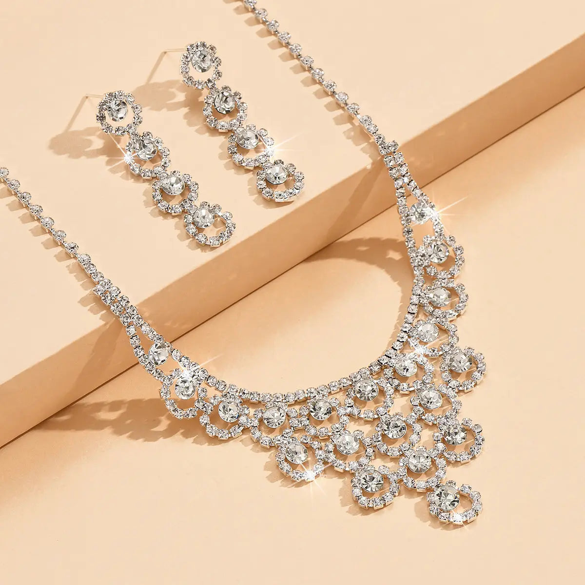 Rhinestone Necklace And Earrings Suite Women’s Simple