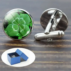 Four Leaf Clover Green Lucky Glass Cufflinks - Cufflinks