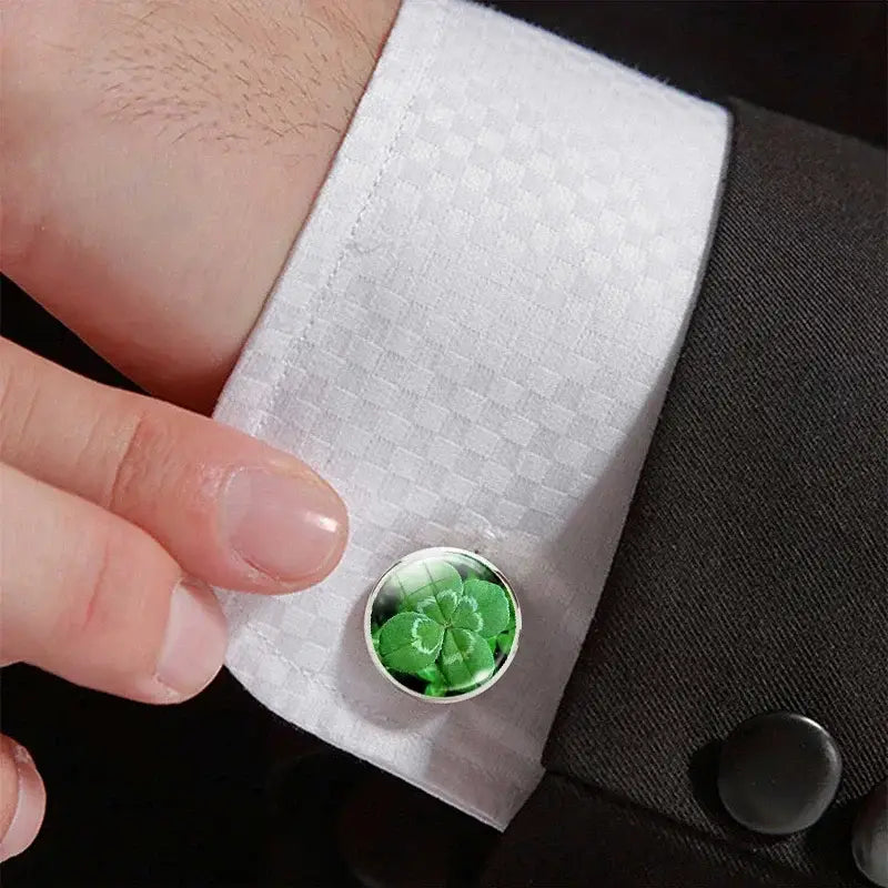 Four Leaf Clover Green Lucky Glass Cufflinks - Cufflinks