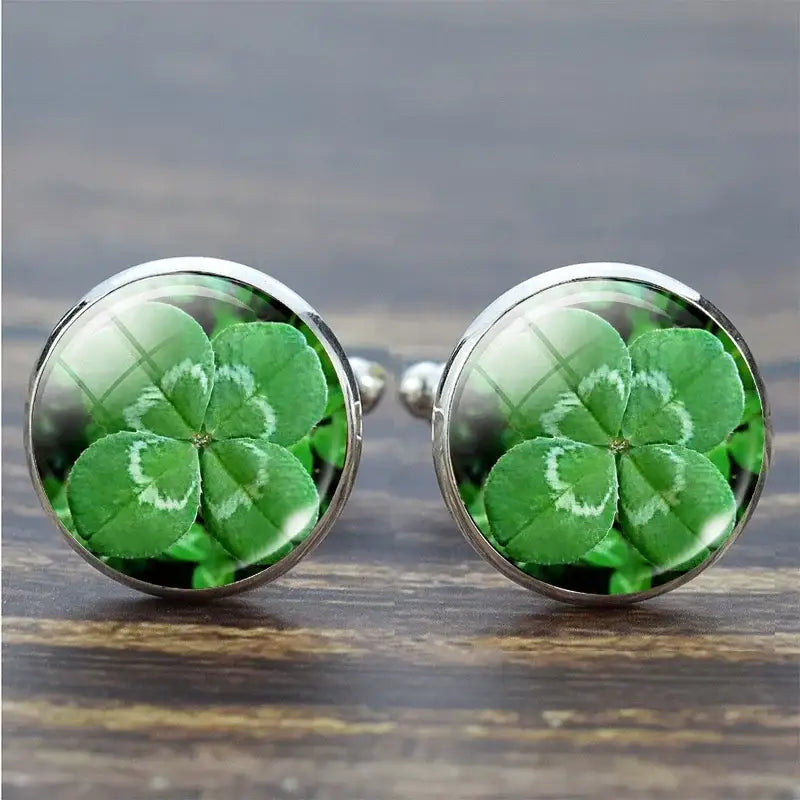 Four Leaf Clover Green Lucky Glass Cufflinks - Cufflinks