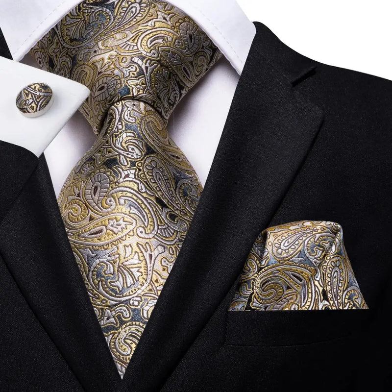 Jersey & Co. Silk Yellow Brown Paisley Tie | Tie Clip | Hanky | Cufflinks - N-271-XH-042-LJ-403 - Neckties