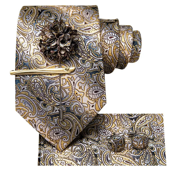 Jersey & Co. Silk Yellow Brown Paisley Tie | Tie Clip | Hanky | Cufflinks - N-271-XH-042-LJ-403 - Neckties