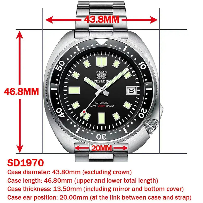 Steeldive SD1970 White Date Background 200M Wateproof NH35 6105 Turtle Automatic Dive Diver Watch